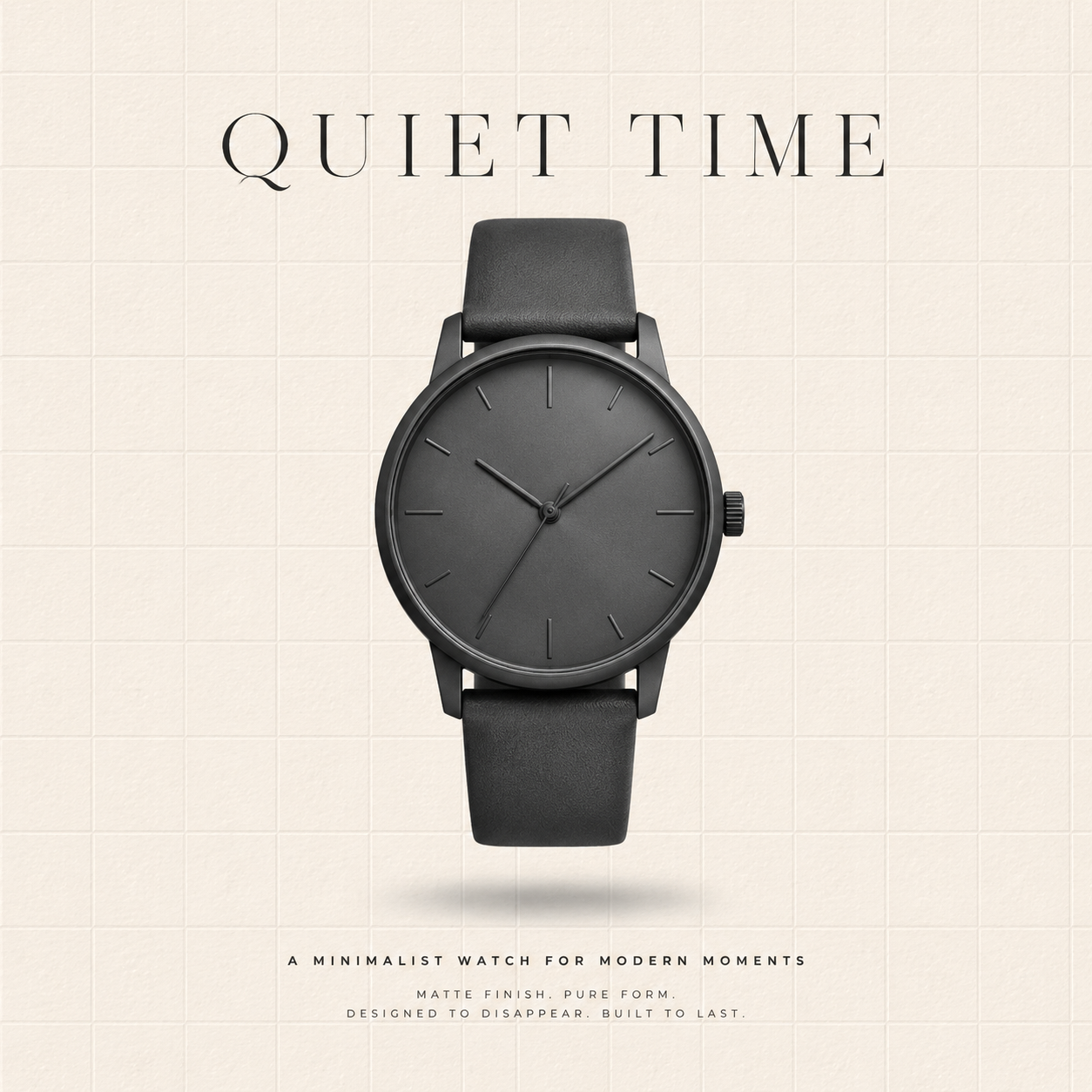 Example input: a flat ad for a black wristwatch on a cream grid backdrop, with the headline Quiet Time above it