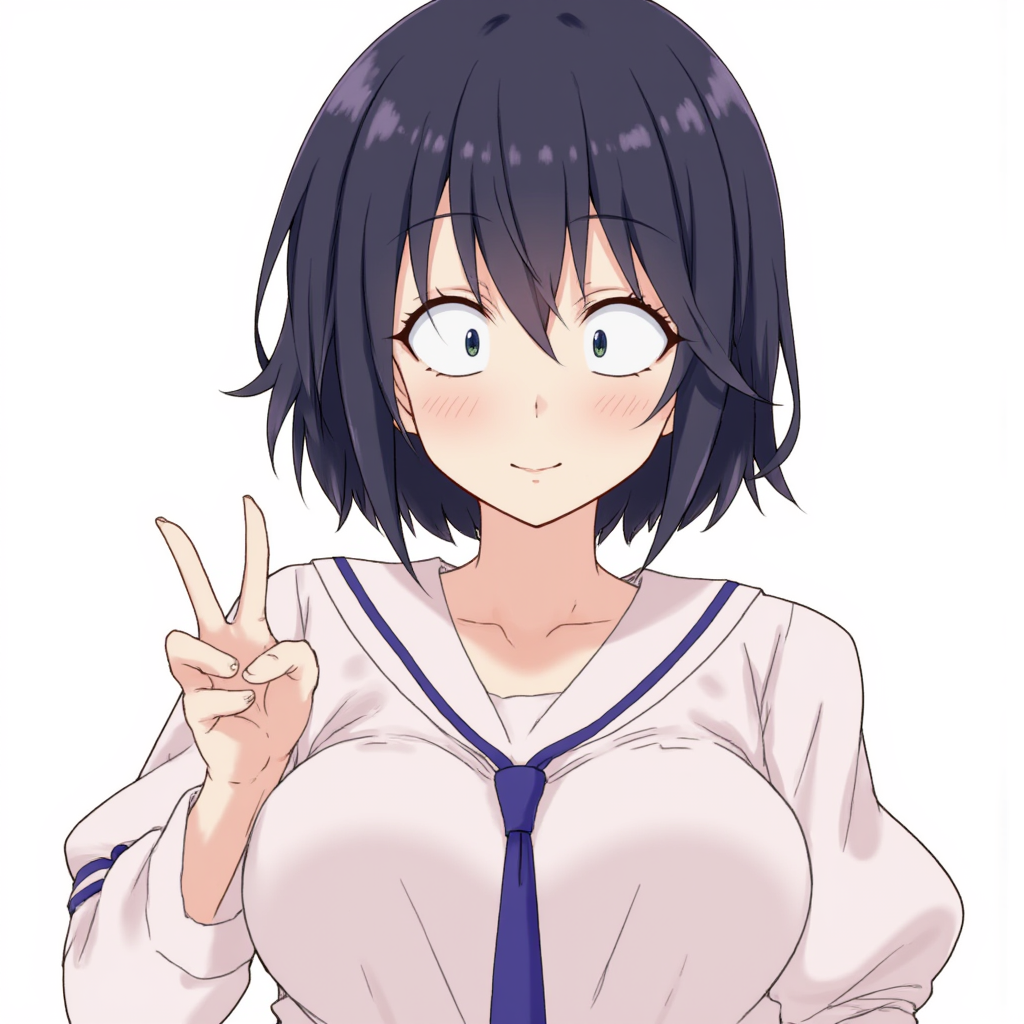 Dark-haired anime character in a school uniform making a peace sign