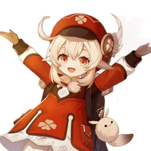 Chibi anime character in a red hat and dress, arms raised