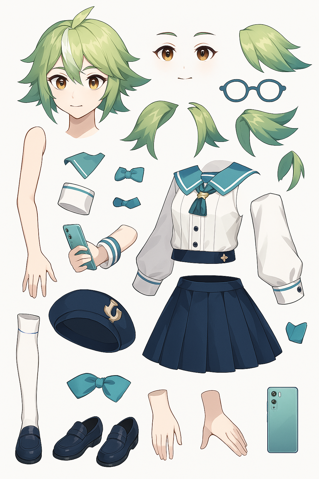 Reference parts sheet of the same character, with hair, eyes, glasses and clothes drawn separately