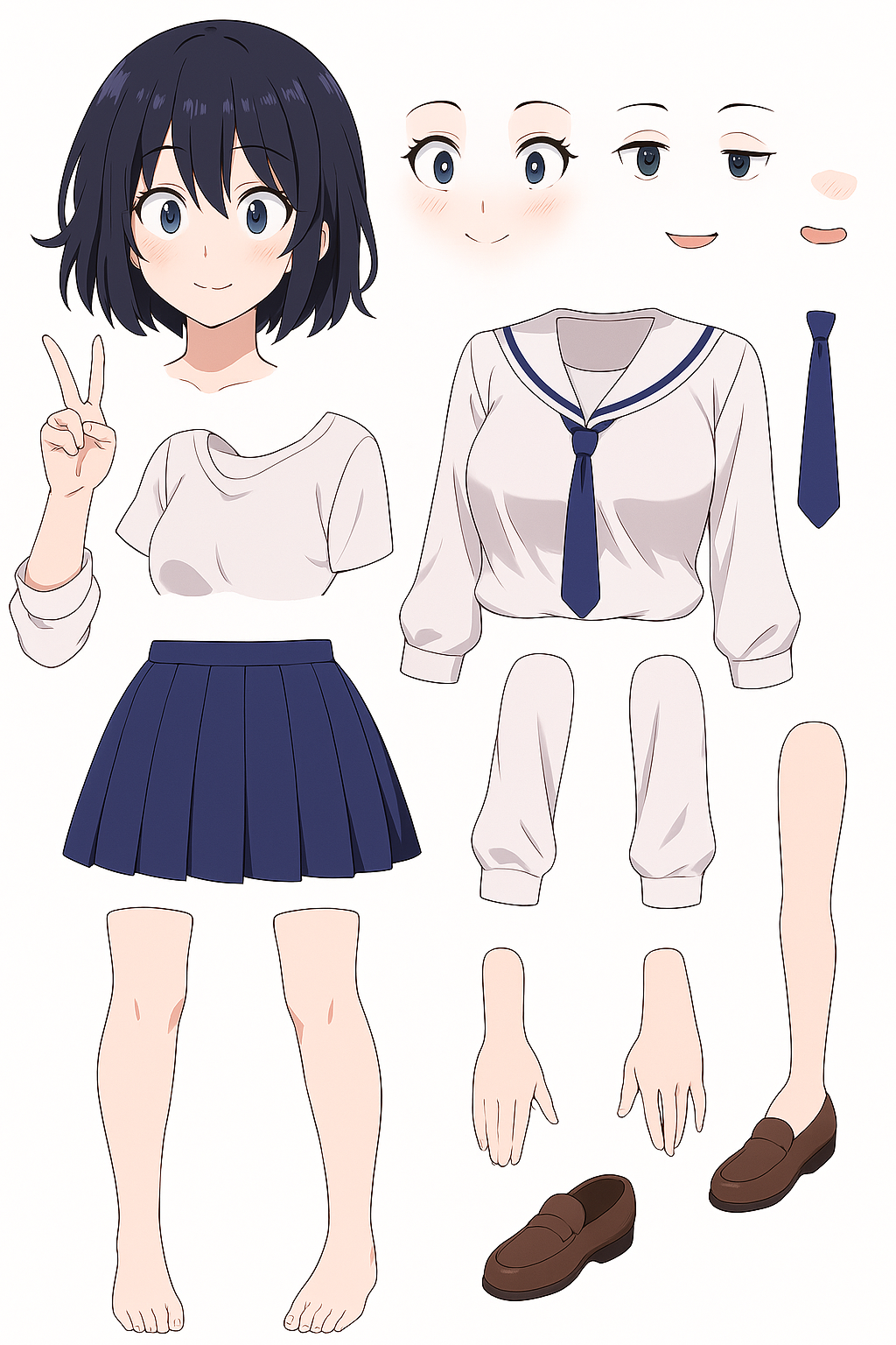 Reference parts sheet for that character: head, eyes, mouth, shirt, skirt, legs and shoes