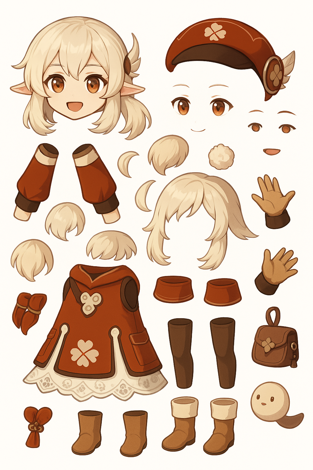 Reference parts sheet for that character: hat, hair, eyes, dress, gloves, boots and bag