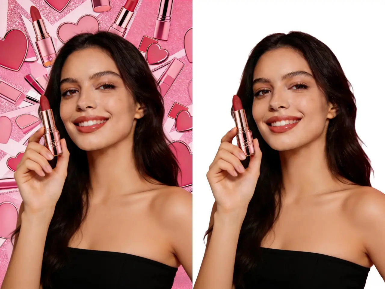 Portrait with a busy pink lipstick backdrop beside the same person shown alone on white