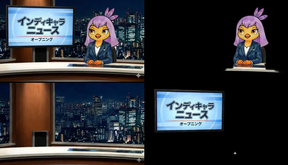 Anime news studio split into the anchor, the on-screen graphic, and a background with the gaps filled in
