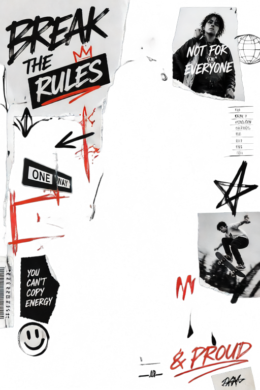 Street-style collage layer with “Break the rules” lettering, a one-way sign and photo cut-outs on a transparent background