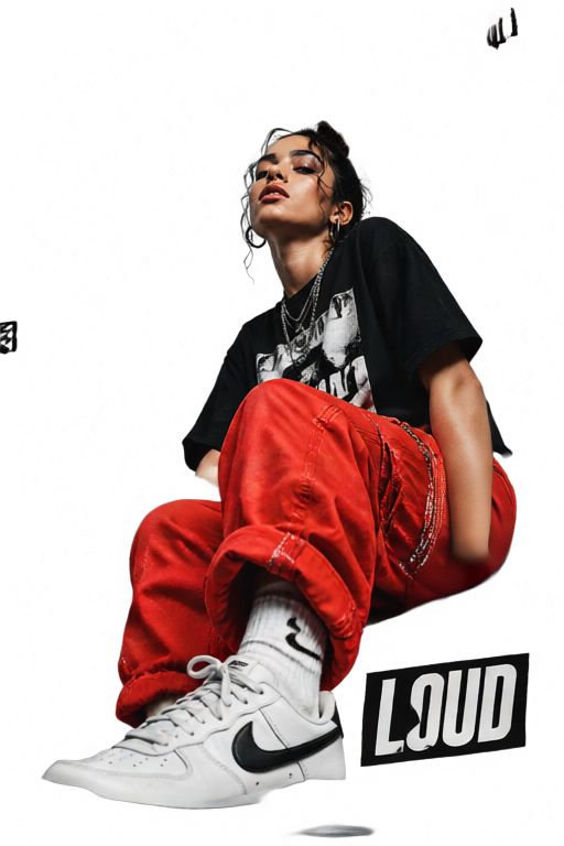 Streetwear photo of a seated woman beside a LOUD text sticker