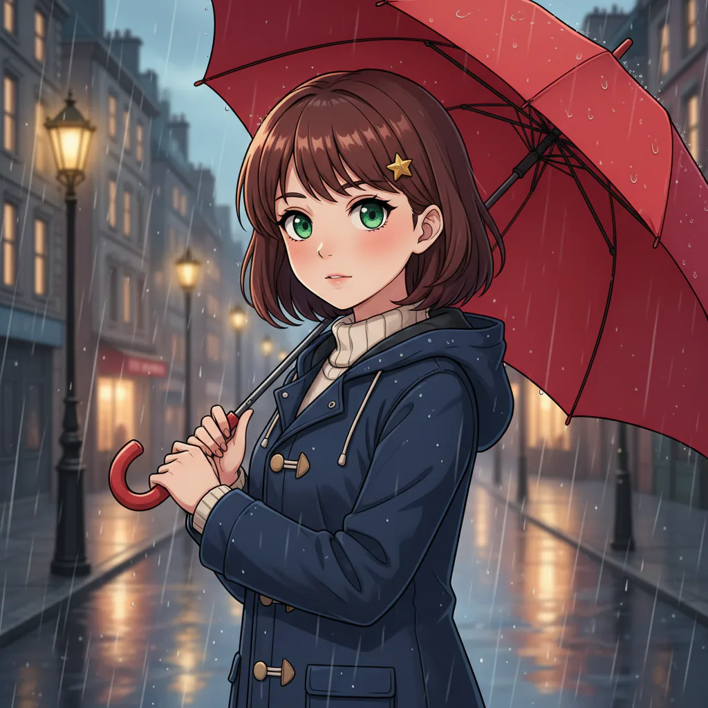 Cel-shaded anime illustration of an original character with a red umbrella on a rainy street at dusk