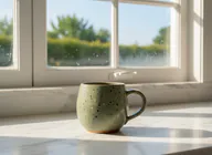 The same mug on a marble kitchen counter by a window in morning light