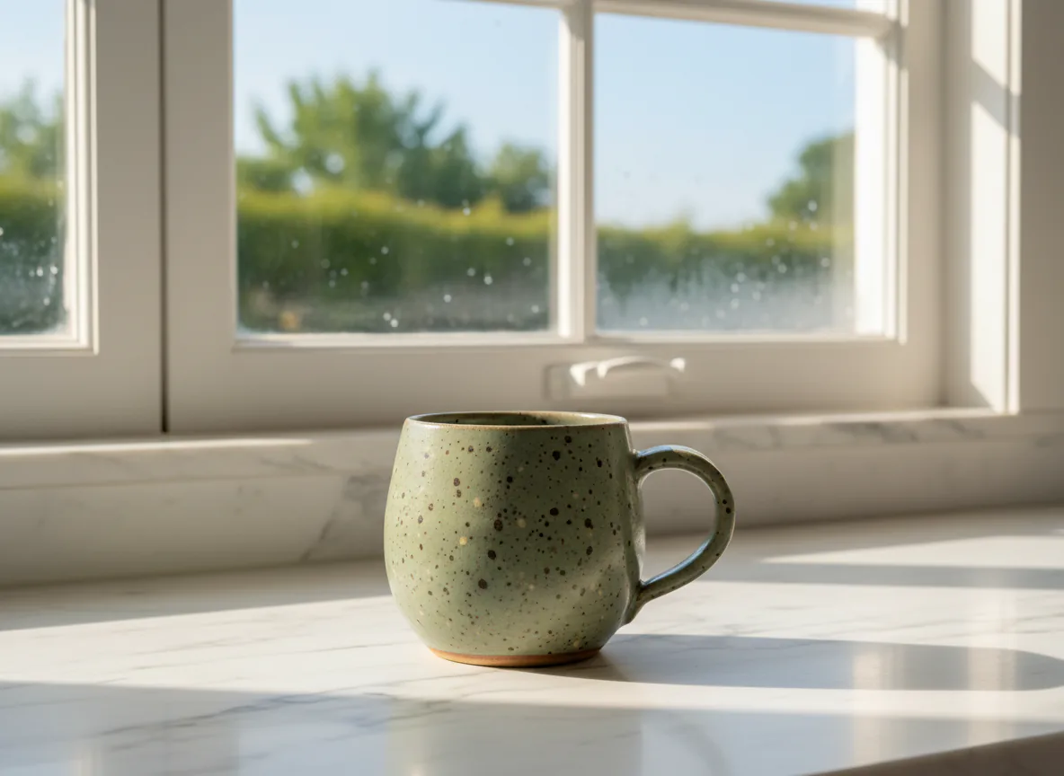 The same mug on a marble kitchen counter by a window in morning light