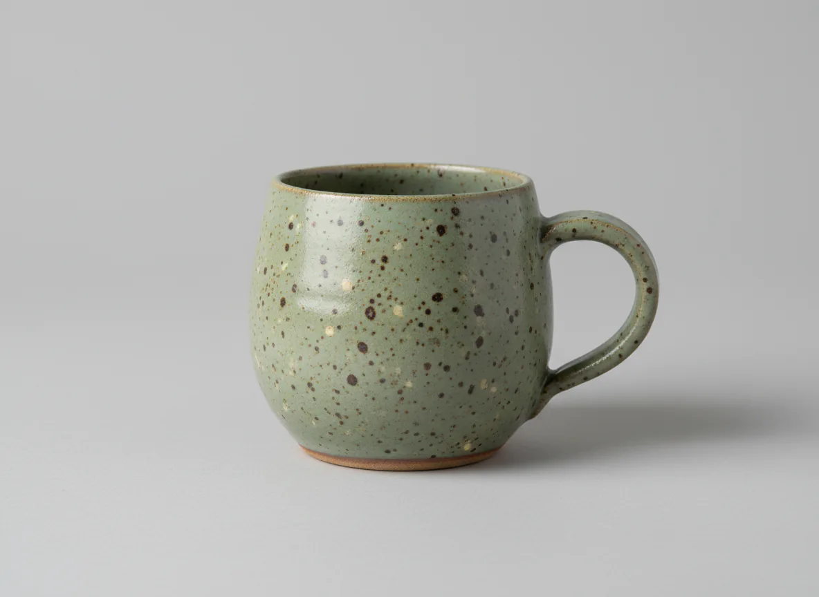 Sage-green ceramic mug on a plain grey studio background