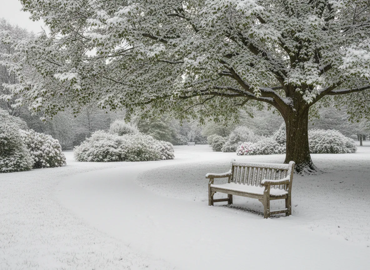 The same park bench on a snowy winter day
