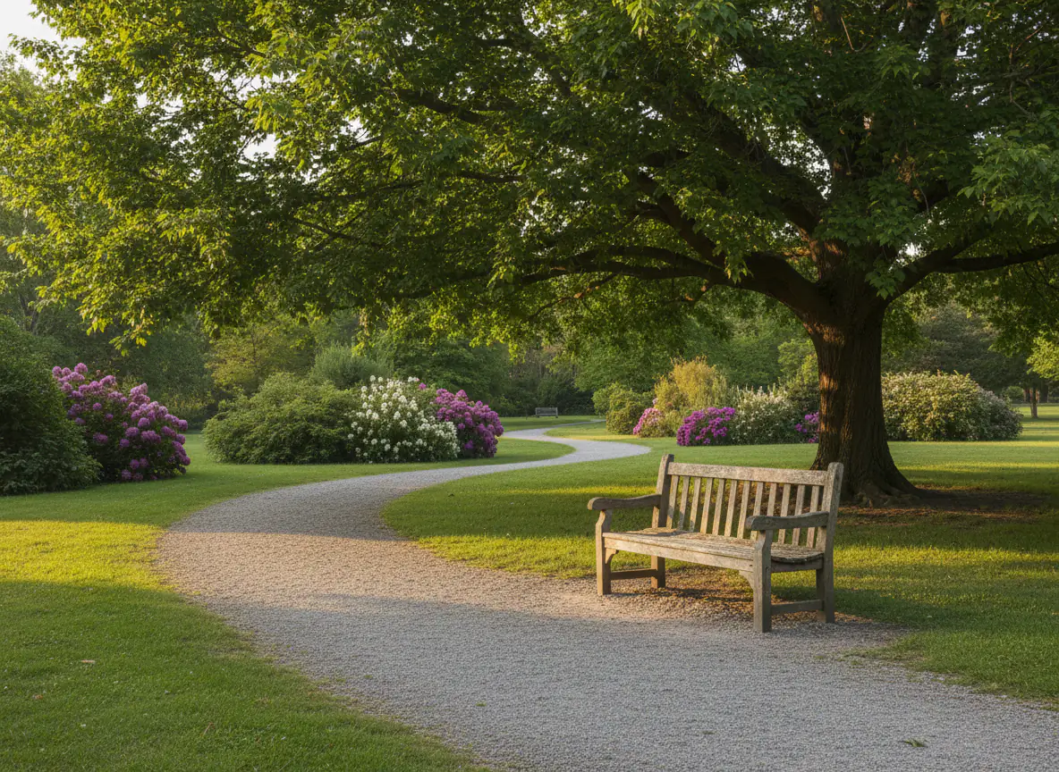 Wooden park bench under a large tree in a green summer park