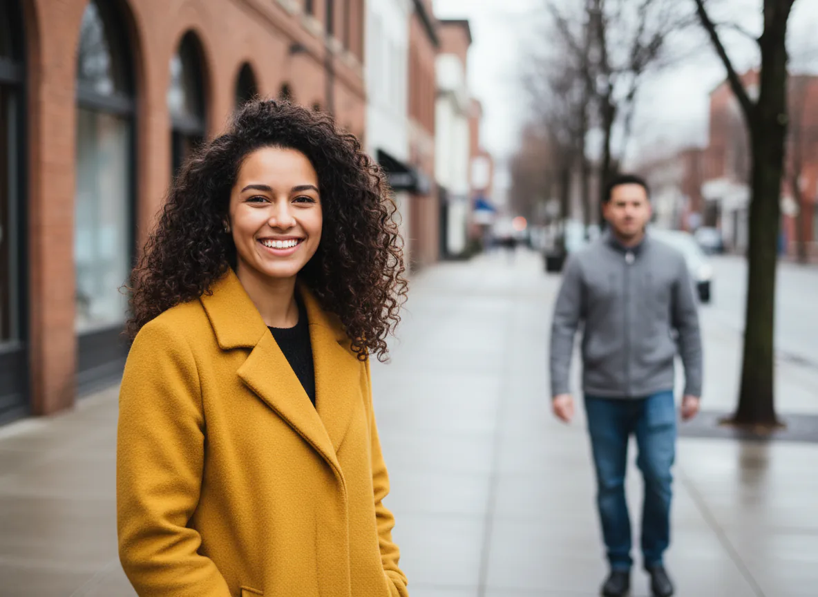 Street portrait of a smiling woman in a mustard coat with a man walking past in the background