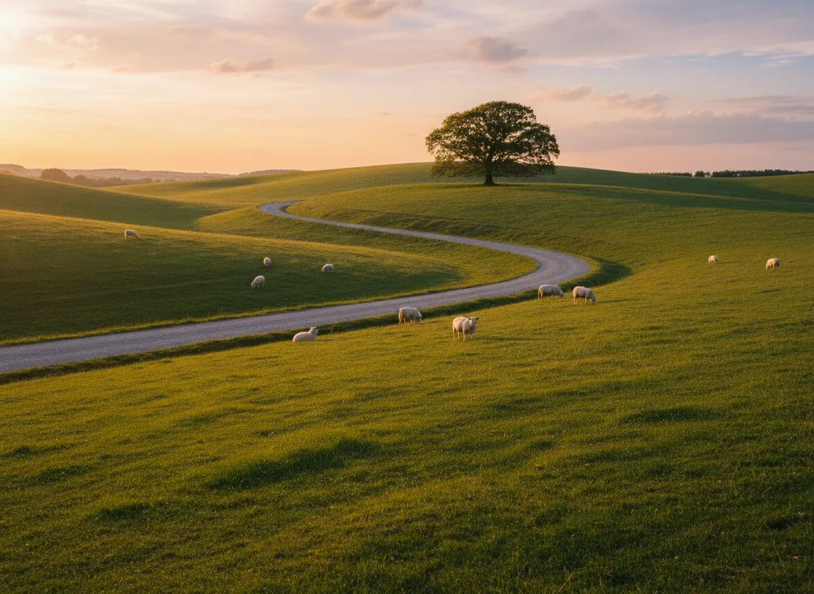 The same countryside photo with the caption and the date stamp removed and the road and meadow filled in