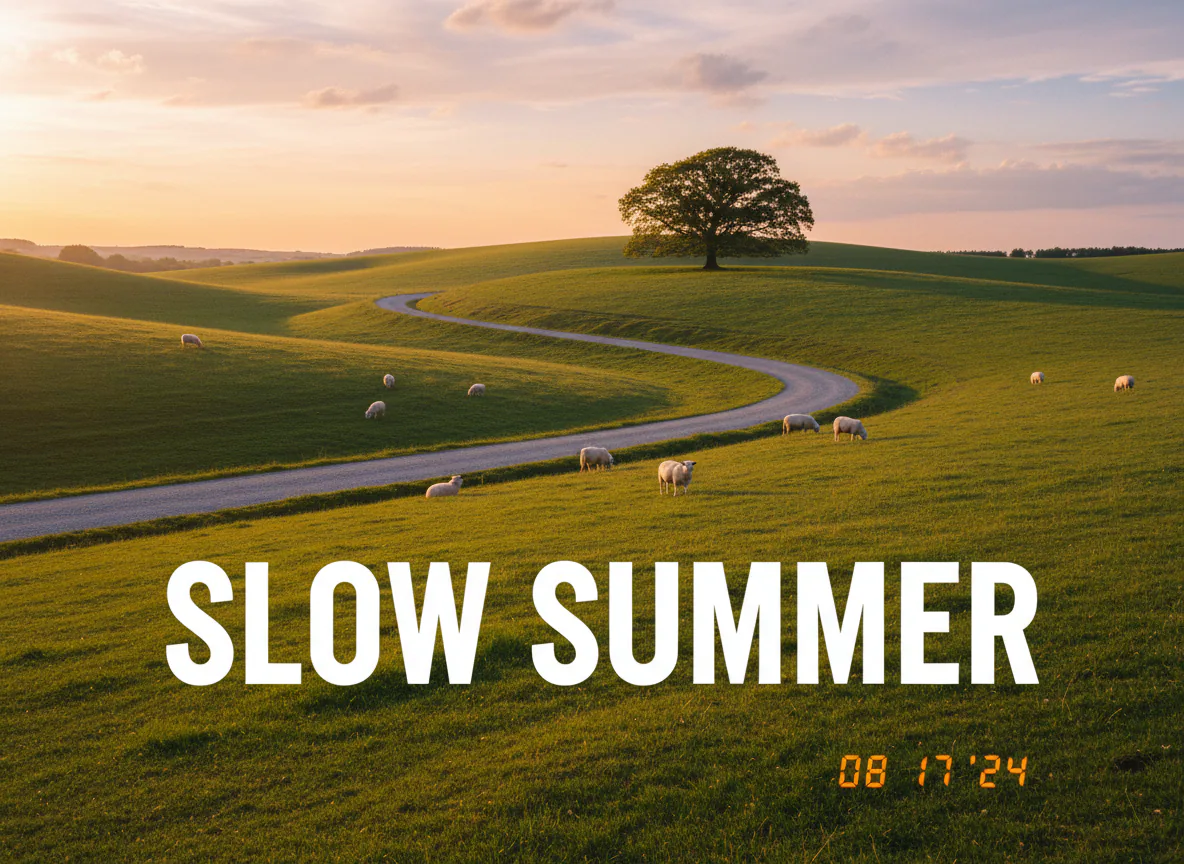 Rolling green hills with a winding road at golden hour, a big white "SLOW SUMMER" caption and an orange date stamp in the corner