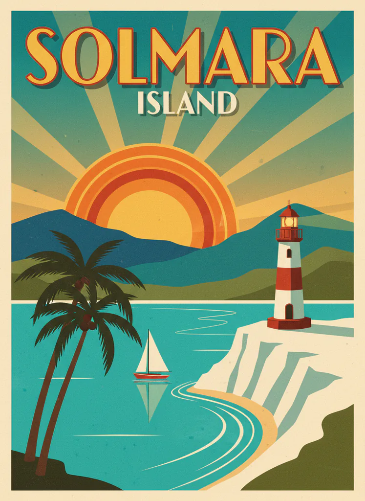 Retro travel poster for the invented island of Solmara: lighthouse, palm trees, sailboat and a setting sun