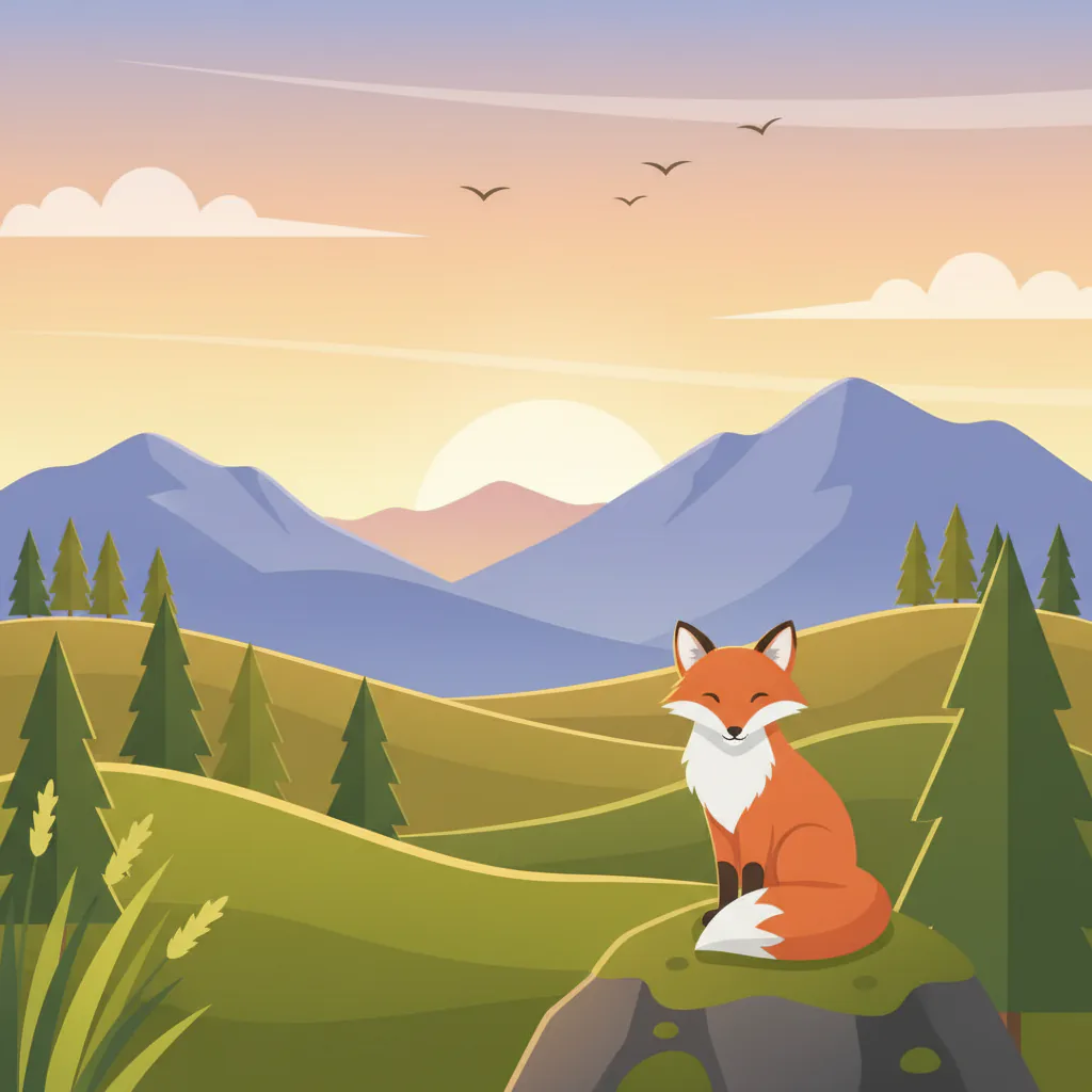 Flat landscape illustration: sunset sky with birds, distant mountains, pine-covered hills and a red fox on a rock