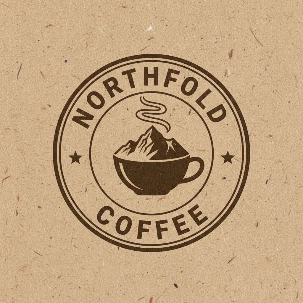 Vintage "Northfold Coffee" badge with a mountain and a steaming cup, printed on kraft paper